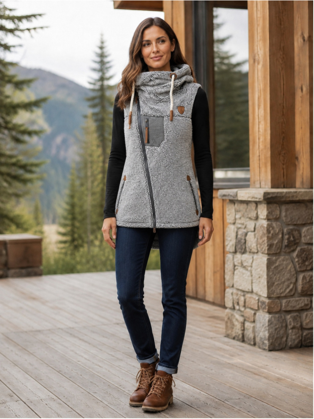 Wanakome Vest Women S Kira Sherpa Wool Blend Hooded Granola Girl Gorpcore Gray